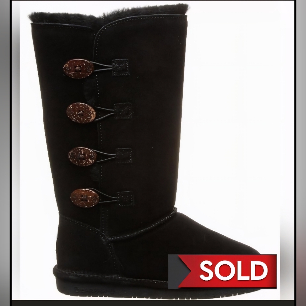 Bearpaw Suede Sheepskin High Top Button Up Winter Boots in Black